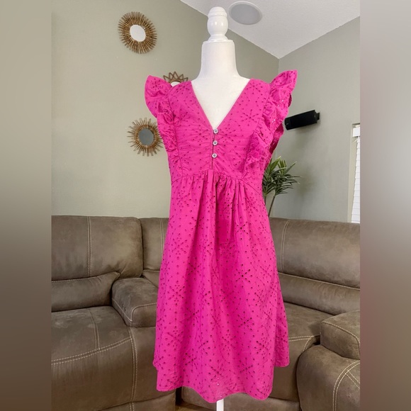 LOFT Dresses & Skirts - CUTE Ann Taylor LOFT Fuscia Eyelet Ruffle Sleeveless Dress Sz S Small